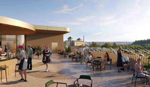 Rendering of people on a the rooftop cafe overlooking the river.