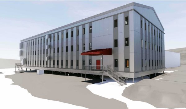 Exterior rendering of a residence lodge in the Antarctic.