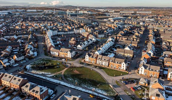 Aerial view of housing development on an cloudy day