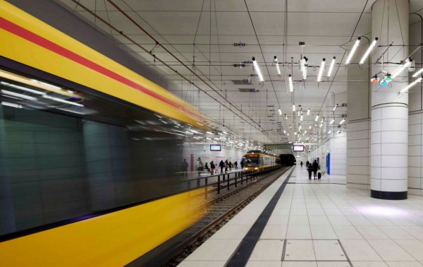 Interior of the station with a train at the platform