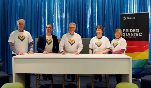 Left to Right – Scott Argent, Alberta RL / Josh Workman, Pride@Stantec ERG Calgary Office Leader / Gord Johnston CEO / Ruth O’Haire Pride@Stantec ERG HSSE Manager  /  Mila Philipzig Asians@Stantec ERG, Senior Project Manager