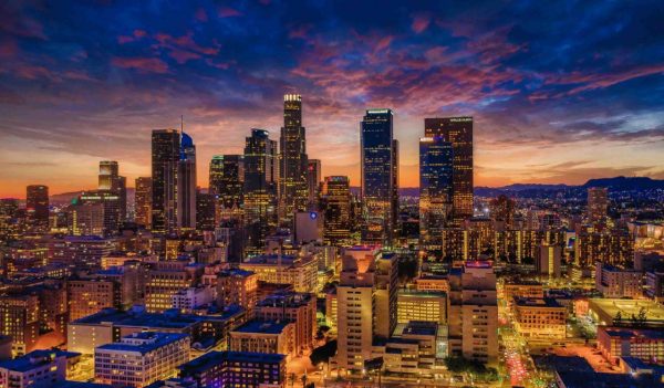 Los Angeles city skyline at sunset