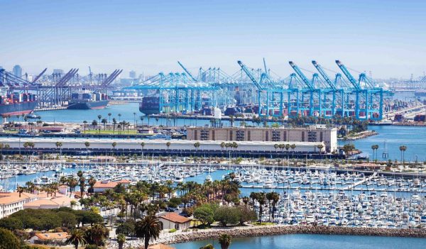 Aerial view on Long Beach marina and shipping port at sunny day, United States